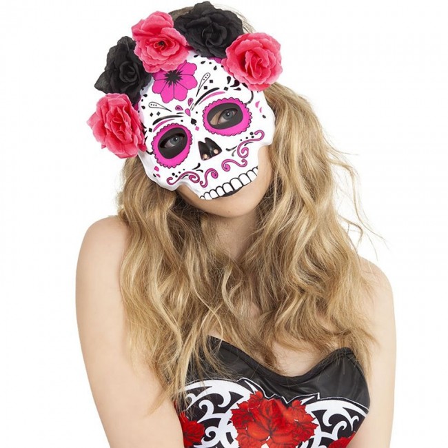 mascara catrina flores rosas y negras