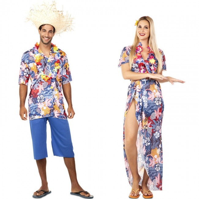 pareja-disfraces-hawaianos-azules